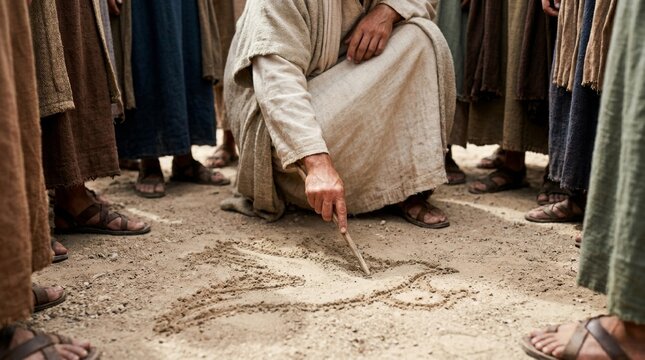 Jesus writing in the sand surrounded by disciples and a crowd, illustrating a moment of biblical teaching outdoors