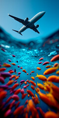 Naklejka premium Over-under split shot of an airplane flying in the blue sky above colorful tropical fish underwater