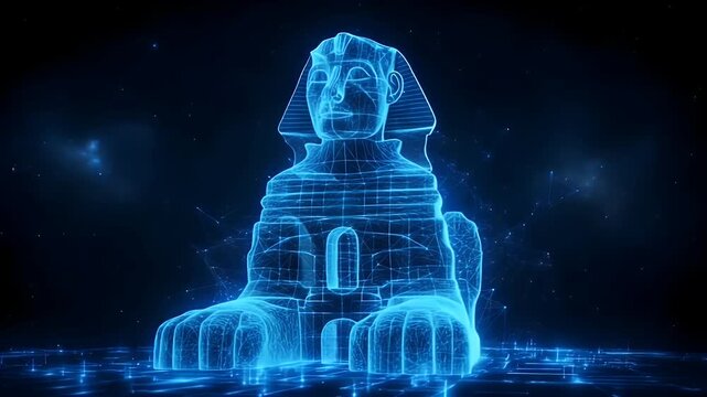 Digital glowing blue hologram of the ancient Egyptian sphinx statue rendered with intricate wireframe lines against a dark background representing advanced futuristic technology and history