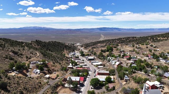 Austin Nevada - Aerial View of Highway 50 through Austin NV Facing West on Sunny Summer Day