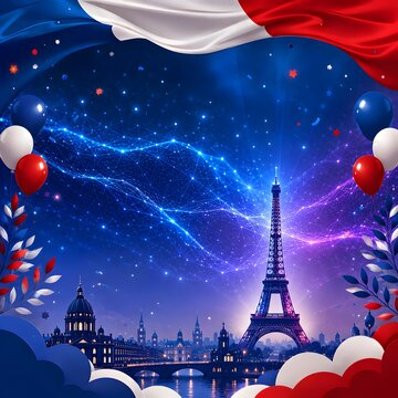 Bastille Day France Celebration Background with Eiffel Tower and Futuristic Digital Network, French National Day 14 July