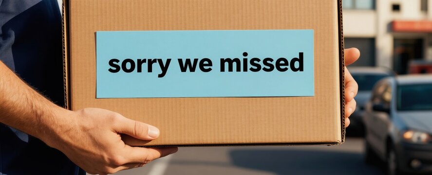Person holds cardboard box with text sorry we missed. Delivery attempt failed on city street, recipient not home. Package left behind, courier service issue.