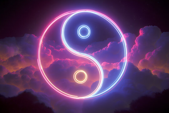 Glowing Neon Yin Yang Symbol Floating Above Dramatic Purple Pink Clouds in Night Sky