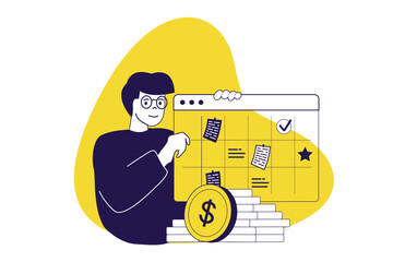 Fototapeta premium Accounting modern flat concept for web banner design. Man planning billing with schedule system, calculating earning and inspecting financial balance. Vector illustration with isolated people scene.