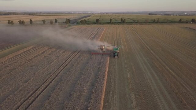 Aerial Reverse Drone Flight Following Combine Harvester in Harvested Field