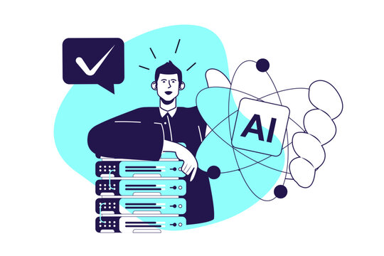 AI data center modern flat concept for web banner design. Man using artificial intelligence technology for computing, processing datum for automation. Vector illustration with isolated people scene.
