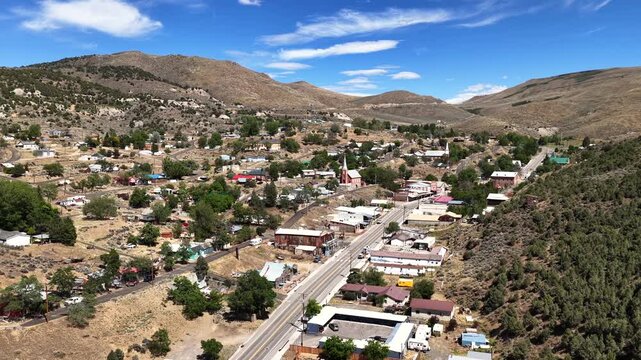 Austin Nevada - Aerial View of Highway 50 through Austin NV Facing North East on Sunny Summer Day