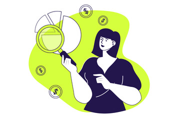 Plakat Business and finance modern flat concept for web banner design. Woman analyzing financial data at diagram, creating earning strategy, investing money. Vector illustration with isolated people scene.