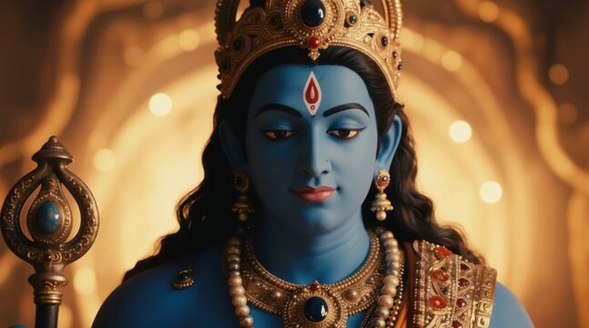 Blue skinned Hindu god portrait. Ornate gold crown jewelry adorns deity. Holding ceremonial mace staff. Spiritual religious ornamental wallpaper art. Divine peaceful avatar.