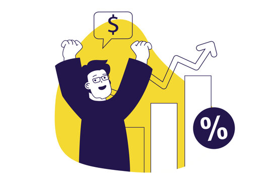 Business and finance modern flat concept for web banner design. Man analyzing financial data, making report with growth graph and getting success. Vector illustration with isolated people scene.