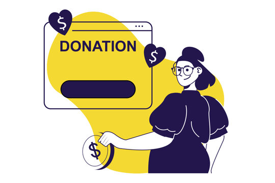 Charity donation modern flat concept for web banner design. Woman sending money in online humanitarian foundation or volunteer helping organisation. Vector illustration with isolated people scene.