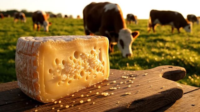 Delicious chunk of cheese resting on a wooden board with grazing cows in the background during golden hour