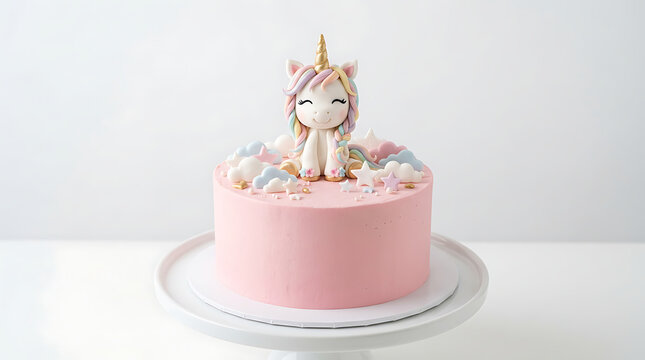 Pink unicorn cake with fondant decorations on a white background  