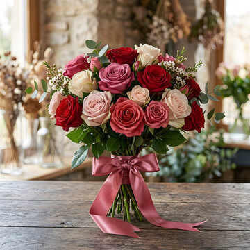 Colorful bouquet of roses in a vase on a table.