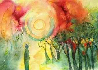 Luminous contemplative figure beneath radiant orchard canopy, spiritual hand painted watercolor © pronoia