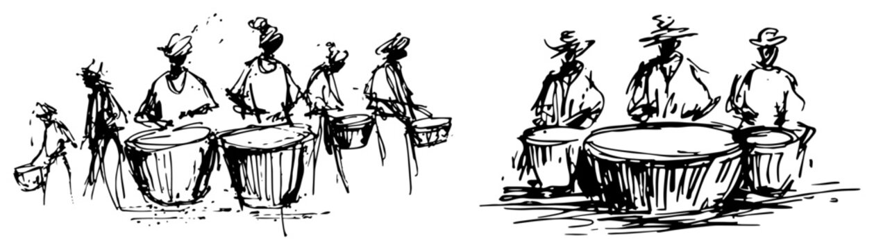 Musicians playing percussion drums in a group in expressive ink sketch style
