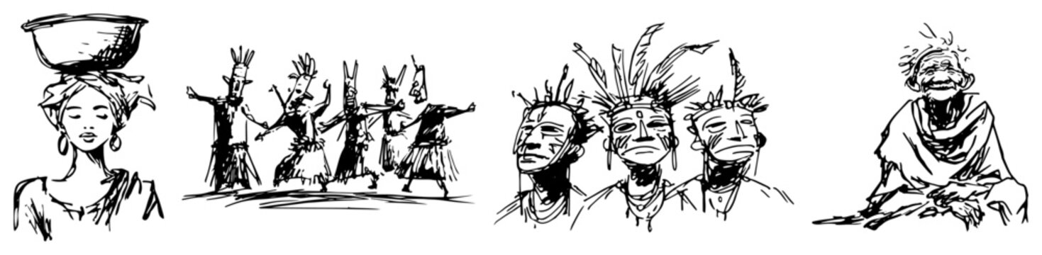African tribal people and indigenous characters in traditional costumes hand drawn sketch style