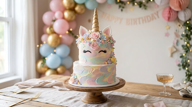Unicorn birthday cake with pastel colors and floral decorations  