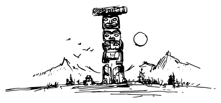 Native American totem pole standing in a mountain landscape hand drawn sketch style
