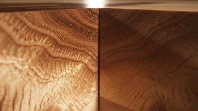Close-up perspective of a geometric wood surface with varying grains and warm brown tones in natural light