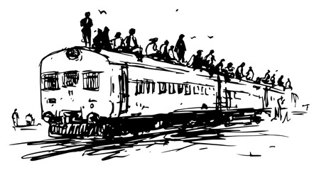 Crowded passenger train with people sitting on the roof hand drawn sketch style © AdrianGebert