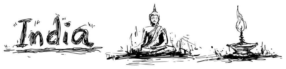 India travel theme set including Buddha statue and diya lamp in a sketchy style © AdrianGebert