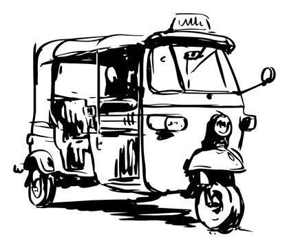 Tuk tuk motorized auto rickshaw taxi in hand drawn ink sketch style