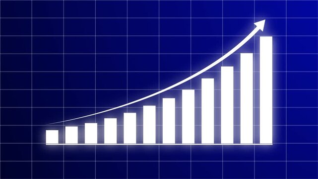 Business steady growth concept with rising progress bar chart and upward arrow.  Symbolizing rising profits, success, and positive business performance.