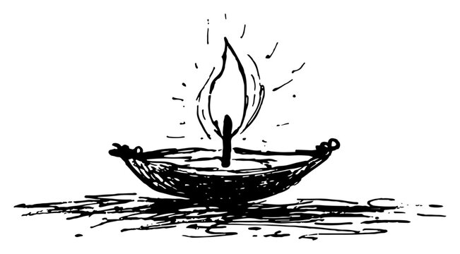 Diya oil lamp burning with a bright flame in a hand drawn sketch style