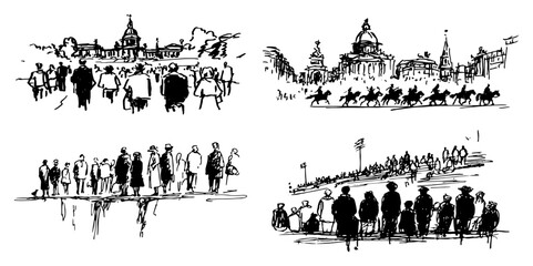 People walking in historic city square with old architecture and monuments in expressive ink sketch style © AdrianGebert