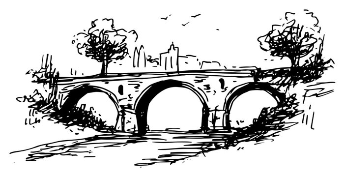 Stone arch bridge over a river with trees and urban architecture in artistic ink sketch style