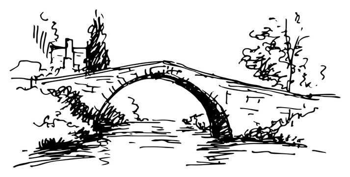 Stone arch bridge crossing river in natural landscape hand drawn sketch style