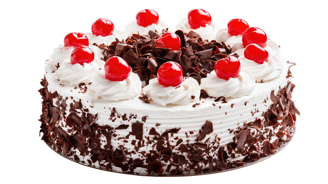 Black forest cherry cake isolated on white for bakery dessert marketing.

