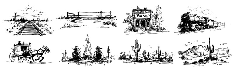Steam train stagecoach and wild west landscape elements hand drawn sketch style © AdrianGebert
