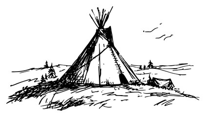Native American teepee tent in wild nature landscape with hills and trees ink sketch style © AdrianGebert