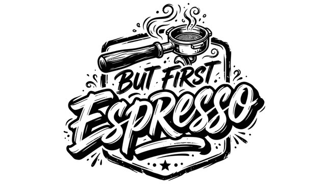 Stylish Hand-Drawn Monochrome Graphic Emphasizing the Essential Morning Coffee Ritual and the Prioritization of a Perfect Espresso