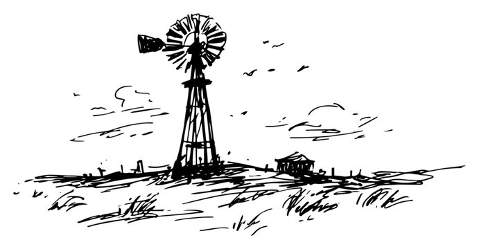 Windmill water pump in a vast desert ranch landscape hand drawn sketch style