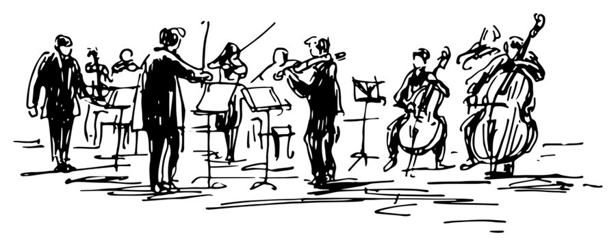 Orchestra musicians playing classical instruments with a conductor in a loose ink sketch style