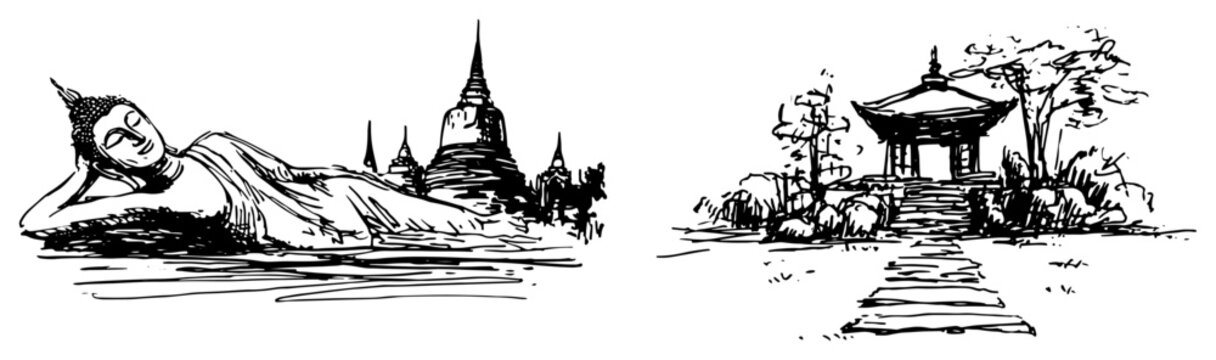 Reclining Buddha statue and traditional Asian temple architecture hand drawn sketch style