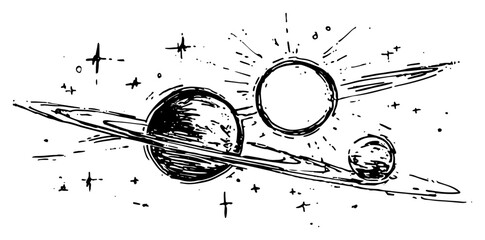 Saturn planet with rings and celestial bodies in deep space hand drawn sketch style © AdrianGebert