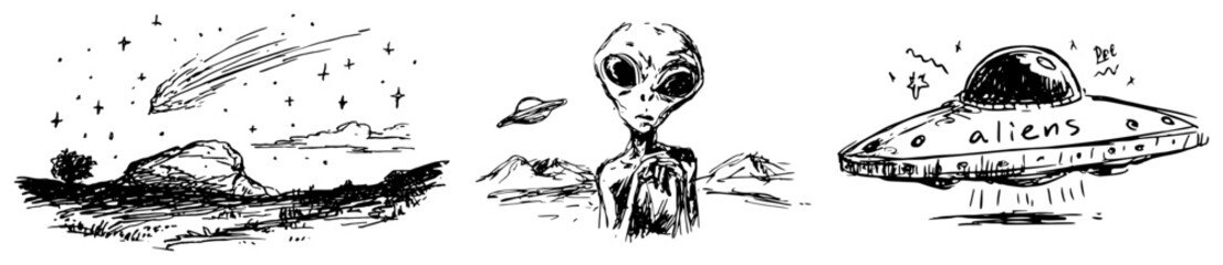Collection of alien themes including extraterrestrial head UFO saucer and comet hand drawn sketch style © AdrianGebert