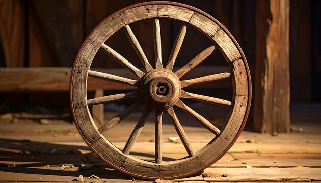 Close-up of an old, weathered wooden wagon wheel, set against a blurred background of wooden structures