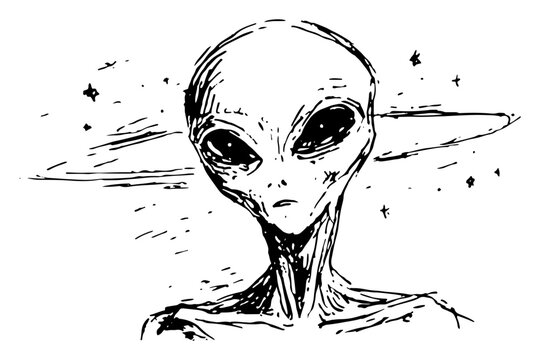 Extraterrestrial grey alien head with large eyes and cosmic rings hand drawn sketch style