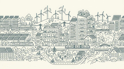 Obraz premium Eco city renewable energy solar panel wind turbine green building electric train sustainable transport urban park modern architecture clean