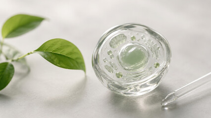 Fototapeta premium Cellular longevity and biohacking concept with natural skincare serum in glass bowl, green leaf and dropper on light background