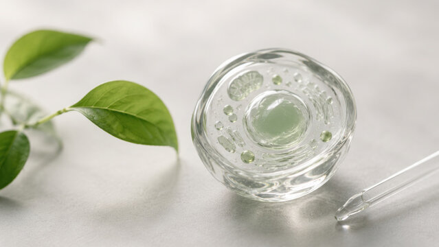 Cellular longevity and biohacking concept with natural skincare serum in glass bowl, green leaf and dropper on light background
