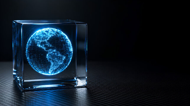 Miniature earth globe formed from glowing neon blue data inside a glass cube