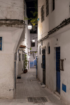 Morocco - Tangier - Kasbah - Whitewashed Alley with Blue Doors at Night