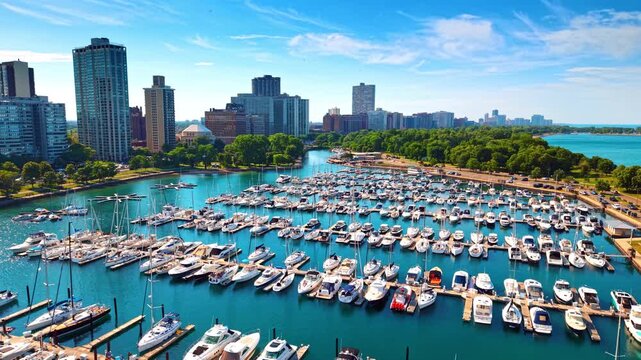 Modern beautiful yachts and boats at the berths in marina. Sunny scenery of Chicago Harbor from drone.