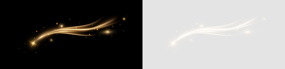 Naklejka premium Fire trail wave, bright glow speed curve line. Glowing gold and white light stream, vector, png. Light curve line swirl effect. 